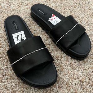 Lafayette 148 New York Black Leather Crystal Milana Slides Sandals 10